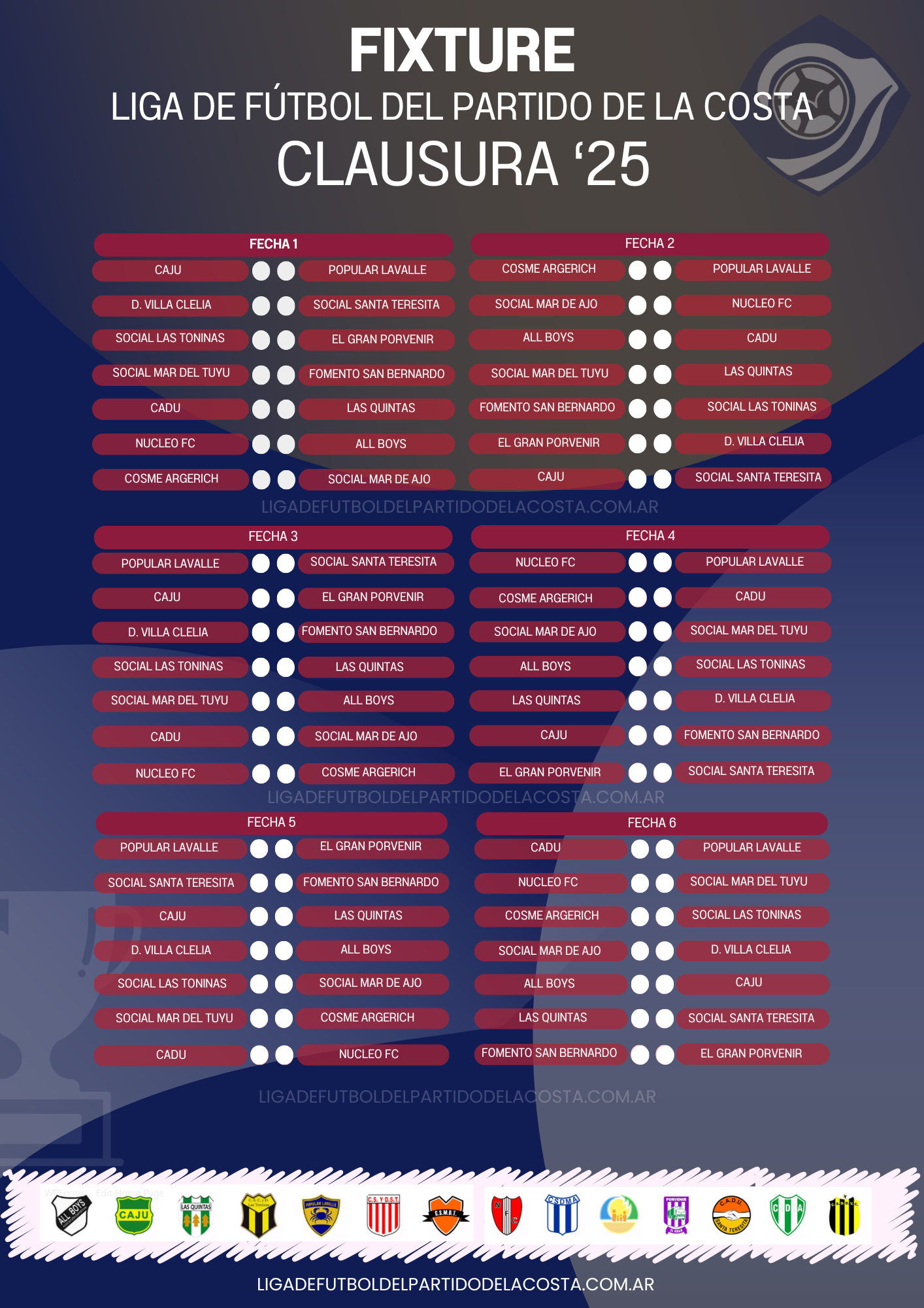 Fixture 2025- Liga de Fútbol del Partido de La Costa 4 Fixture clausura 25 1